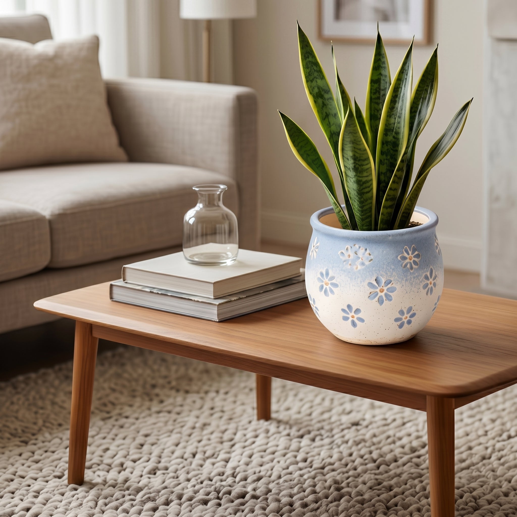 Pastel Blue and Cream Floral Ceramic Planter
