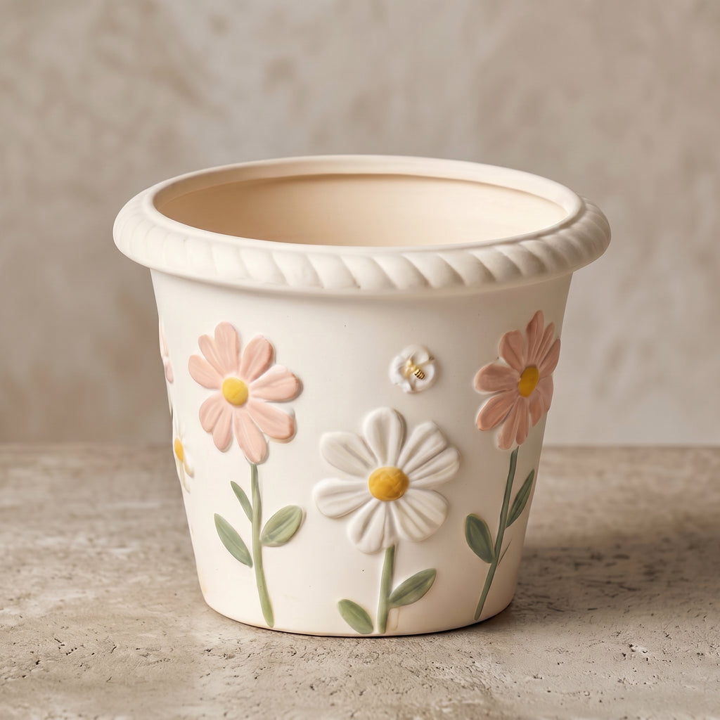 Embossed Daisy and Bee Cream Ceramic Planter