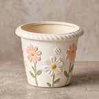Embossed Daisy and Bee Cream Ceramic Planter