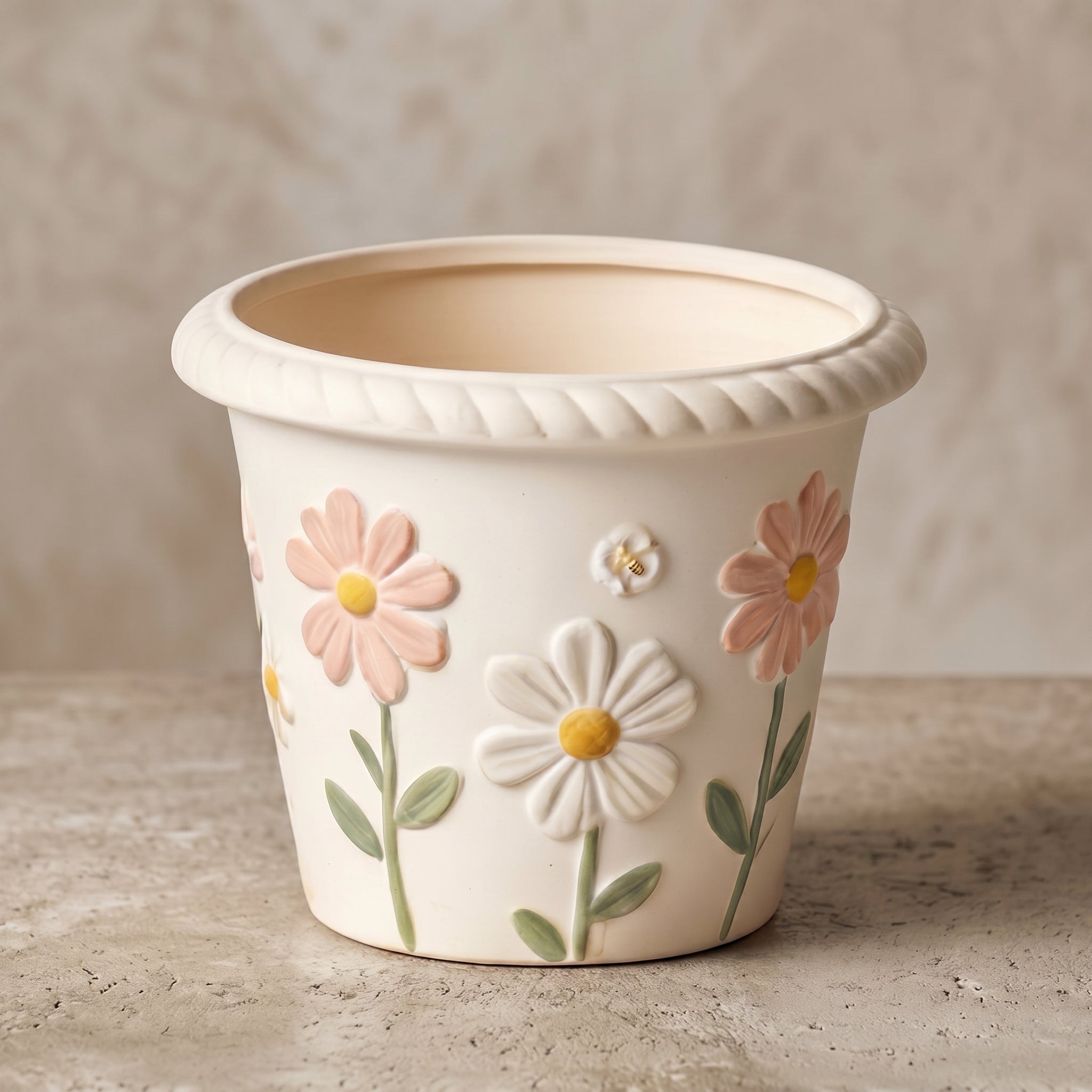 Embossed Daisy and Bee Cream Ceramic Planter