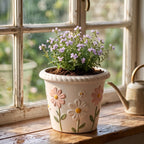 Embossed Daisy and Bee Cream Ceramic Planter