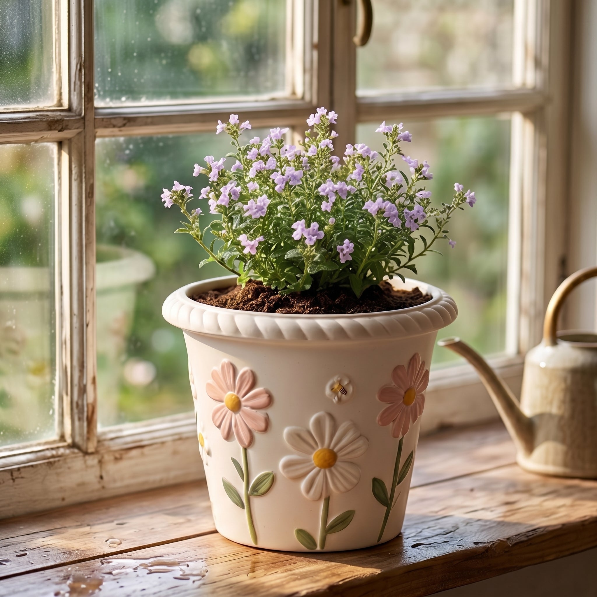 Embossed Daisy and Bee Cream Ceramic Planter