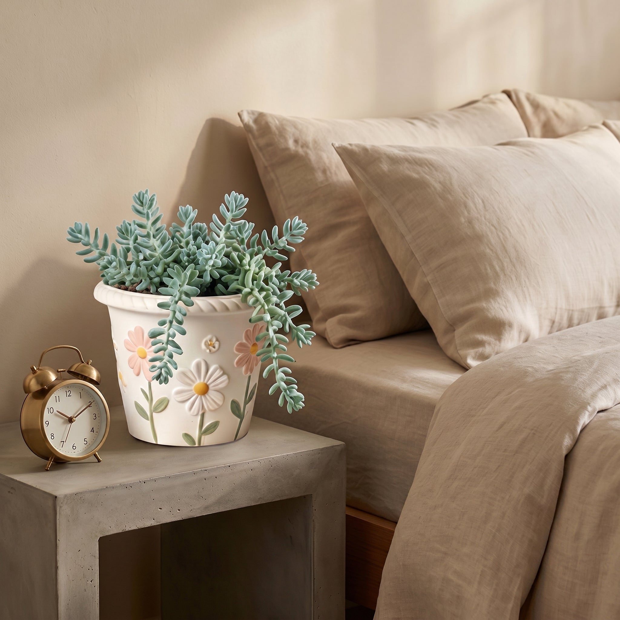 Embossed Daisy and Bee Cream Ceramic Planter