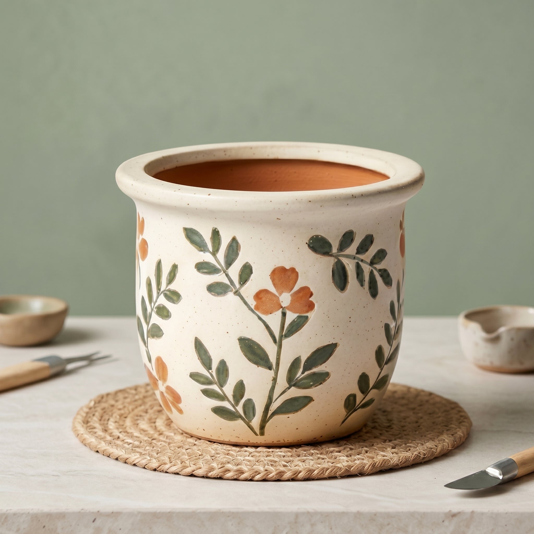 Rustic Painted Floral Speckled Ceramic Planter